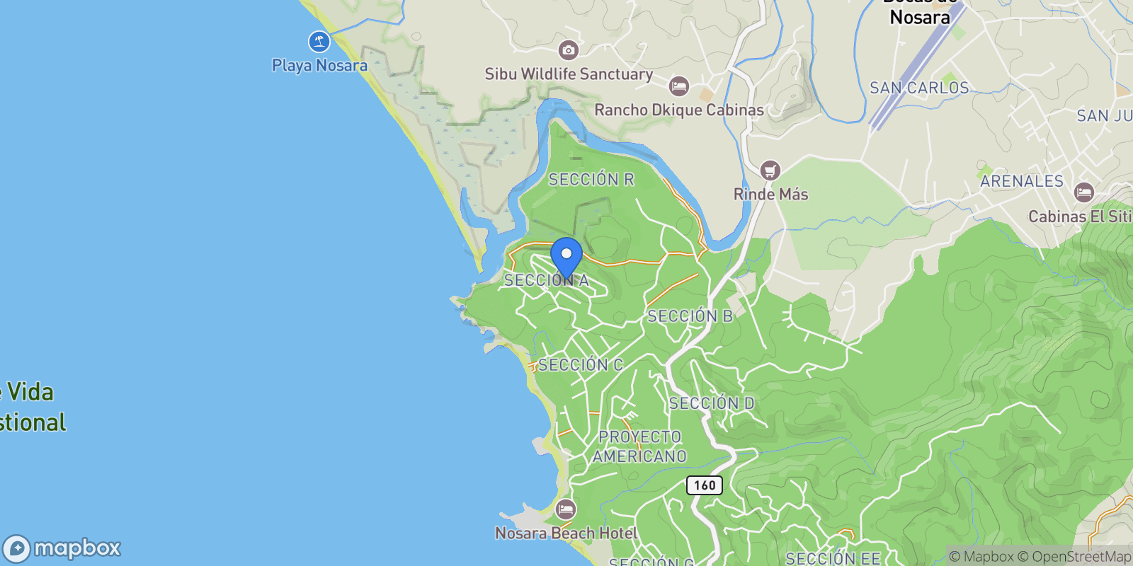 Map showing Nosara | Pelada, Nosara, G, Nosara, Guanacaste Province, Costa Rica.
