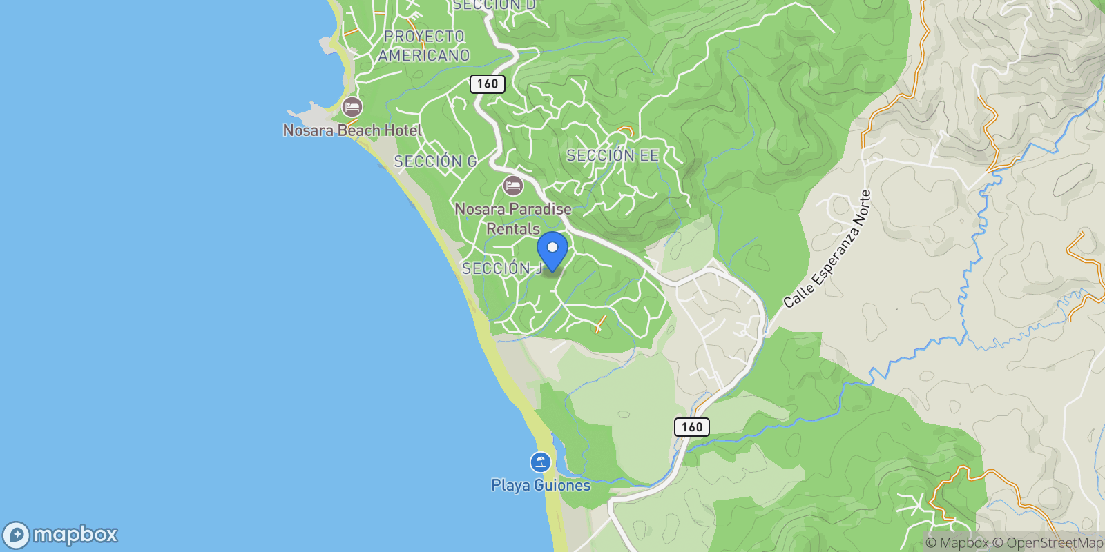 Map showing Nosara | Playa Guiones, Nosara, G, Nicoya, Costa Rica.
