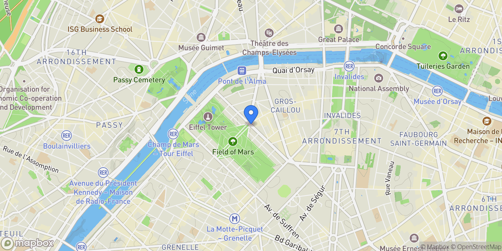 Map showing Avenue de la Bourdonnais, Paris, Île-de-France, France.