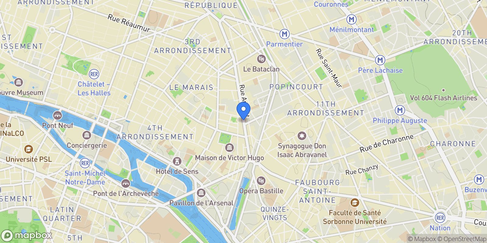 Map showing Boulevard Beaumarchais, Paris, Île-de-France, France.