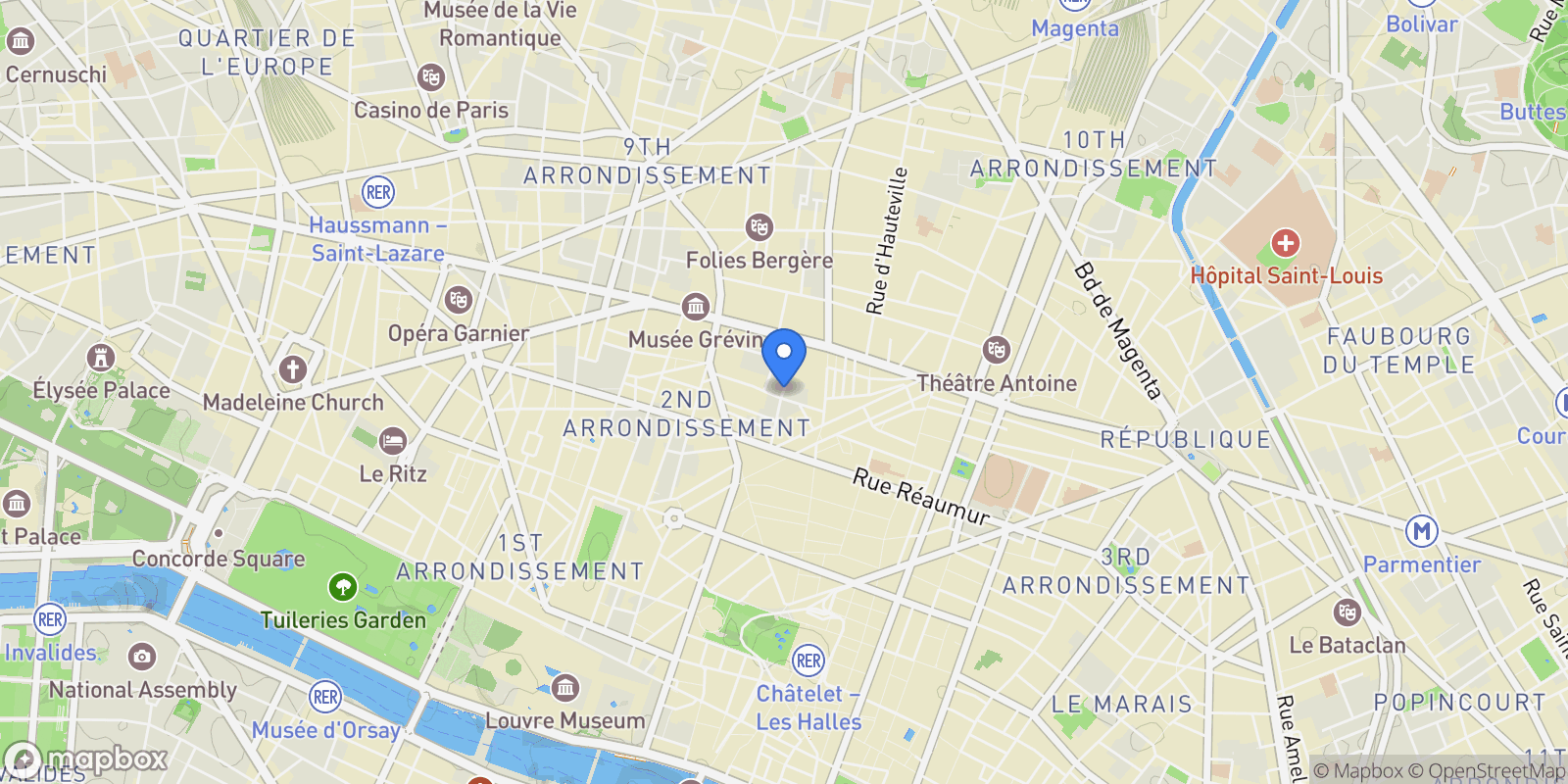 Map showing Rue du Sentier, Paris, Île-de-France, France.