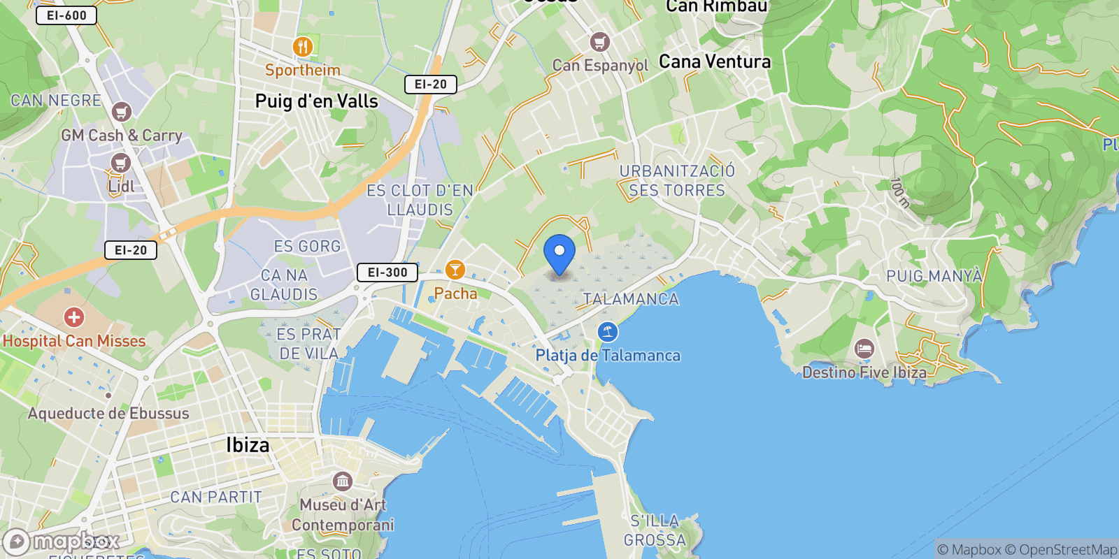 Map showing Cap Martinet, Cap Martinet, IB 07819, Ibiza Town, Balearic Islands, Spain.