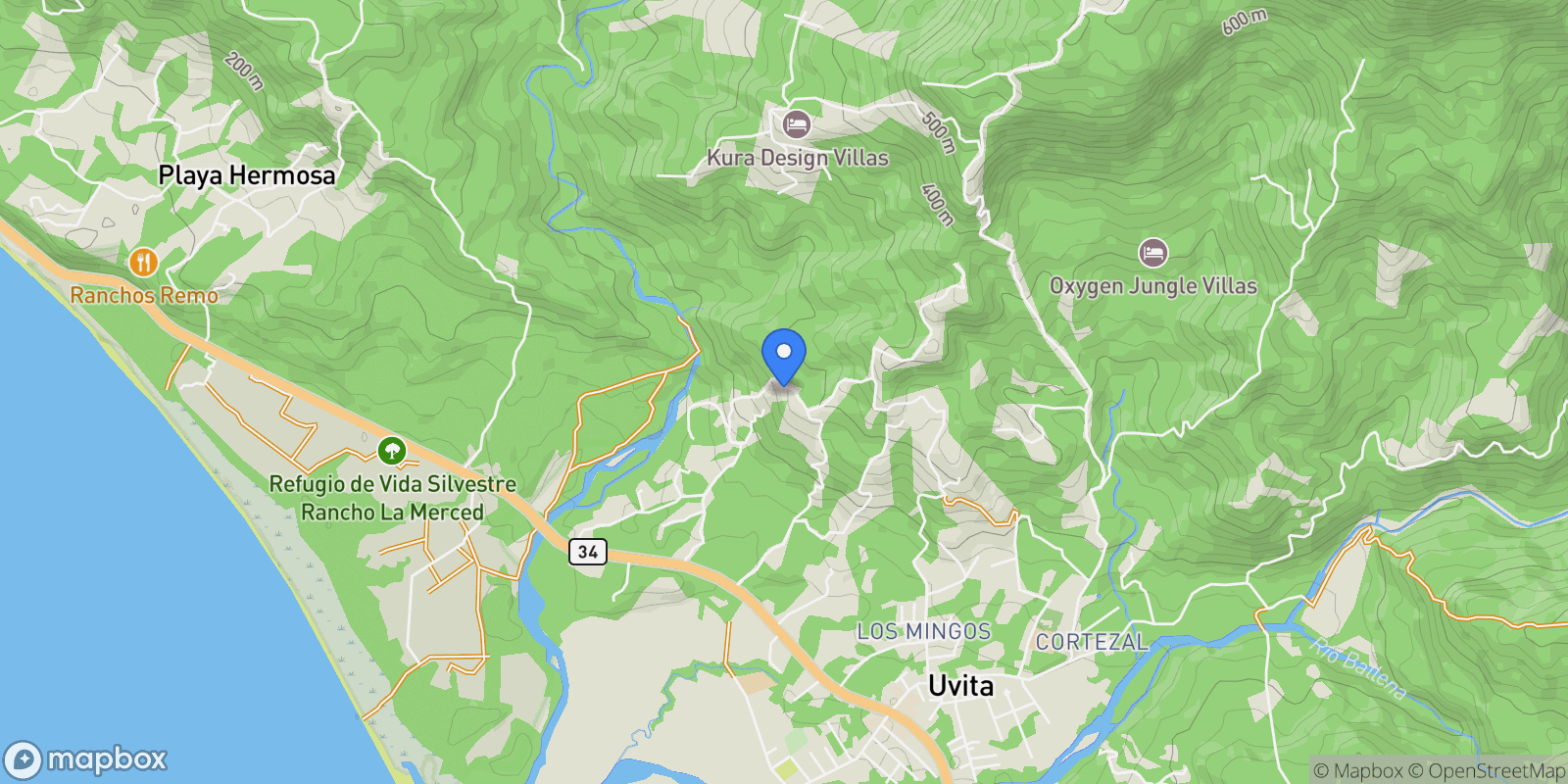 Map showing Whale Tail Grandview Villas, Uvita, Puntarenas Province, Costa Rica.