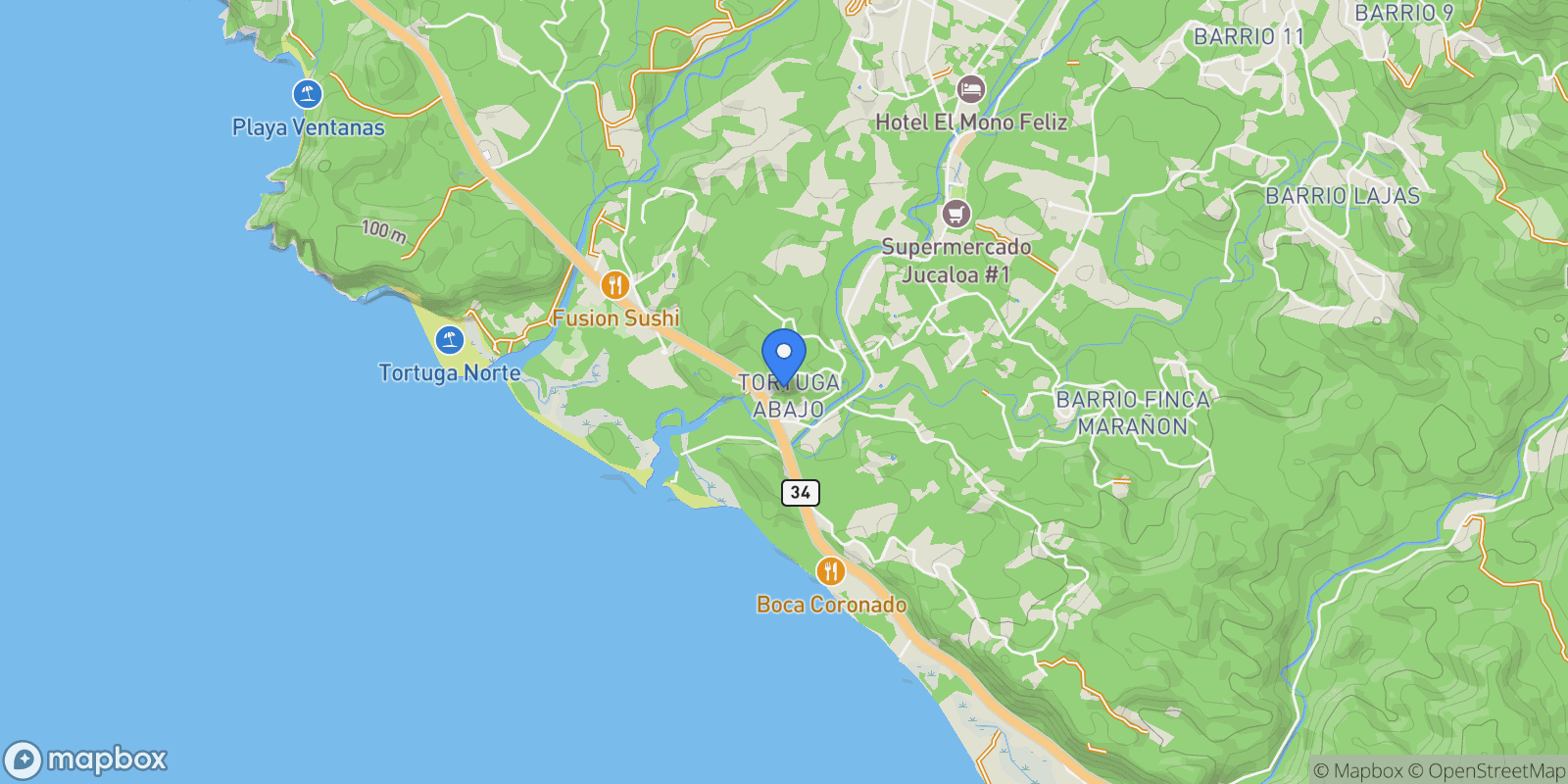 Map showing 10-Bedroom Airbnb, Chacara, Puntarenas Province, Costa Rica.