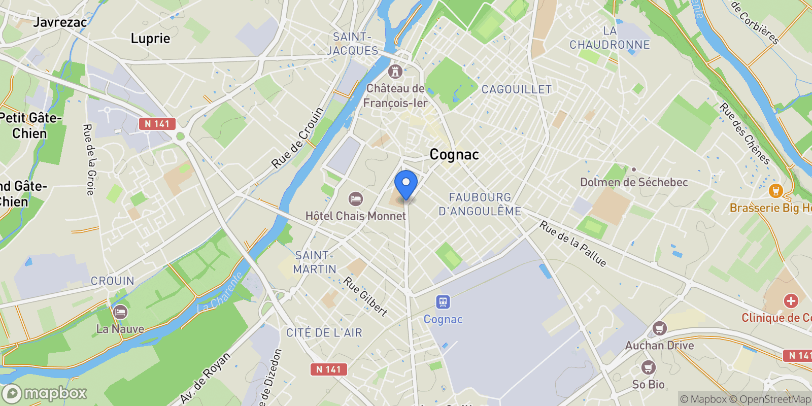 Map showing COGNAC, T 16100, Cognac, Nouvelle-Aquitaine, France.