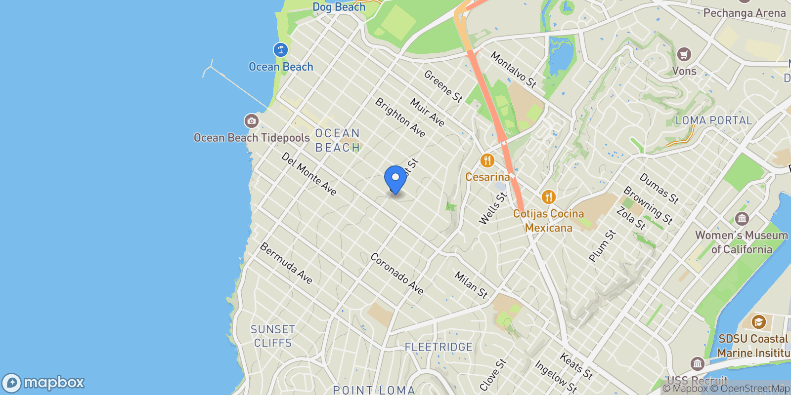 Map showing 4474 Niagara Ave, San Diego, California, United States.