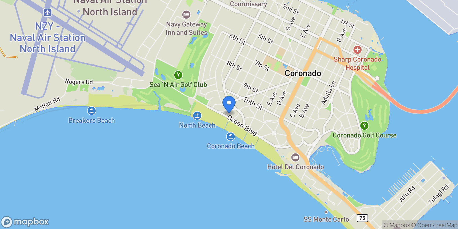 Map showing 535 Ocean Blvd, Coronado, California, United States.