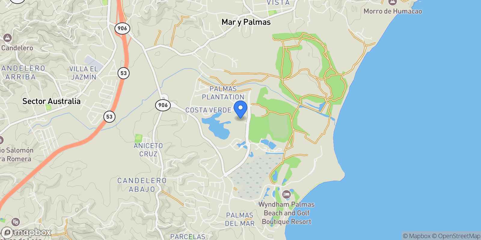 Map showing Humacao FLAMBOYAN GREENS 8 8, Palmas del Mar, Humacao, Puerto Rico.
