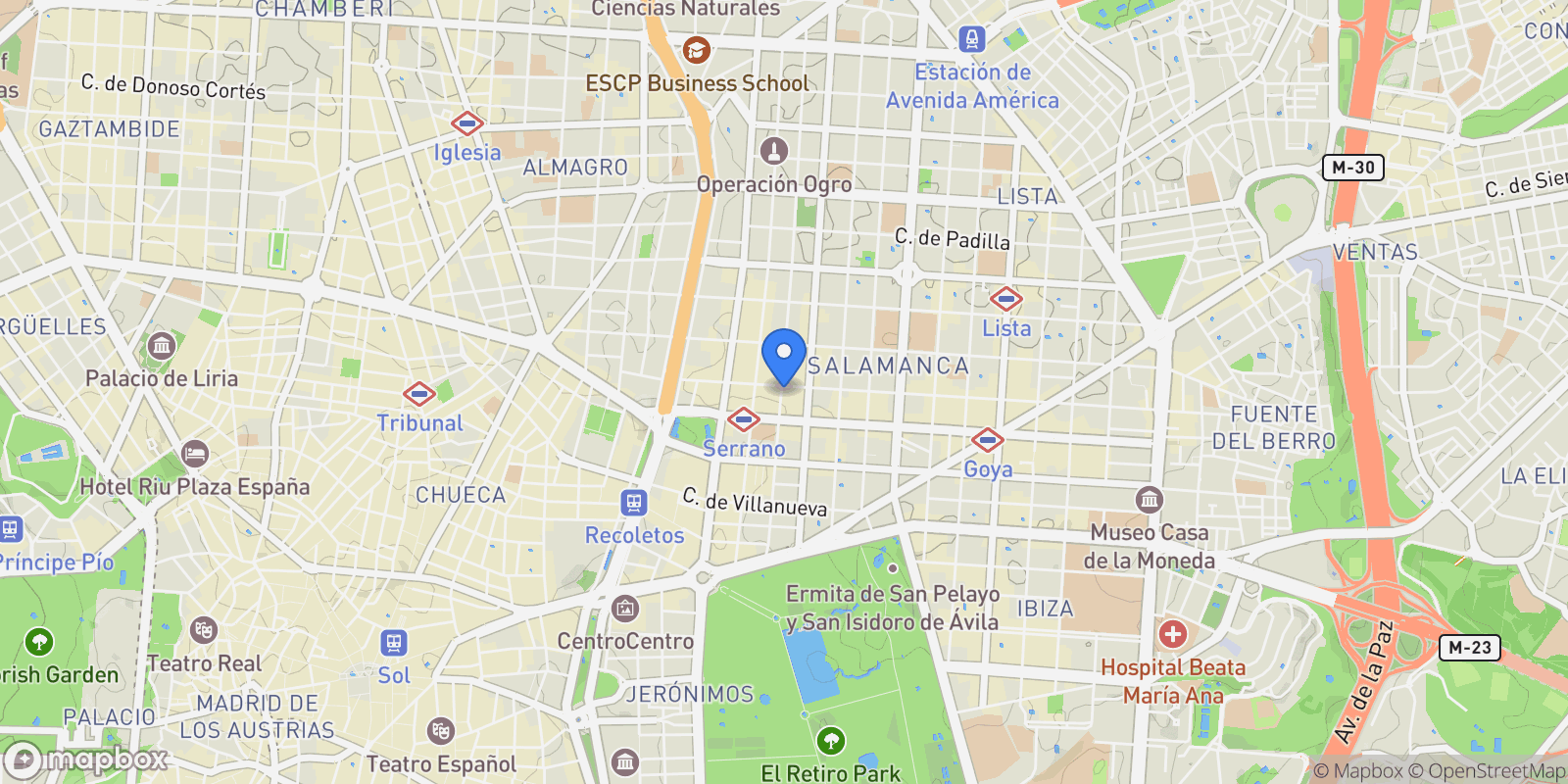Map showing Recoletos, Madrid, Barrio Salamanca, Madrid, Spain.