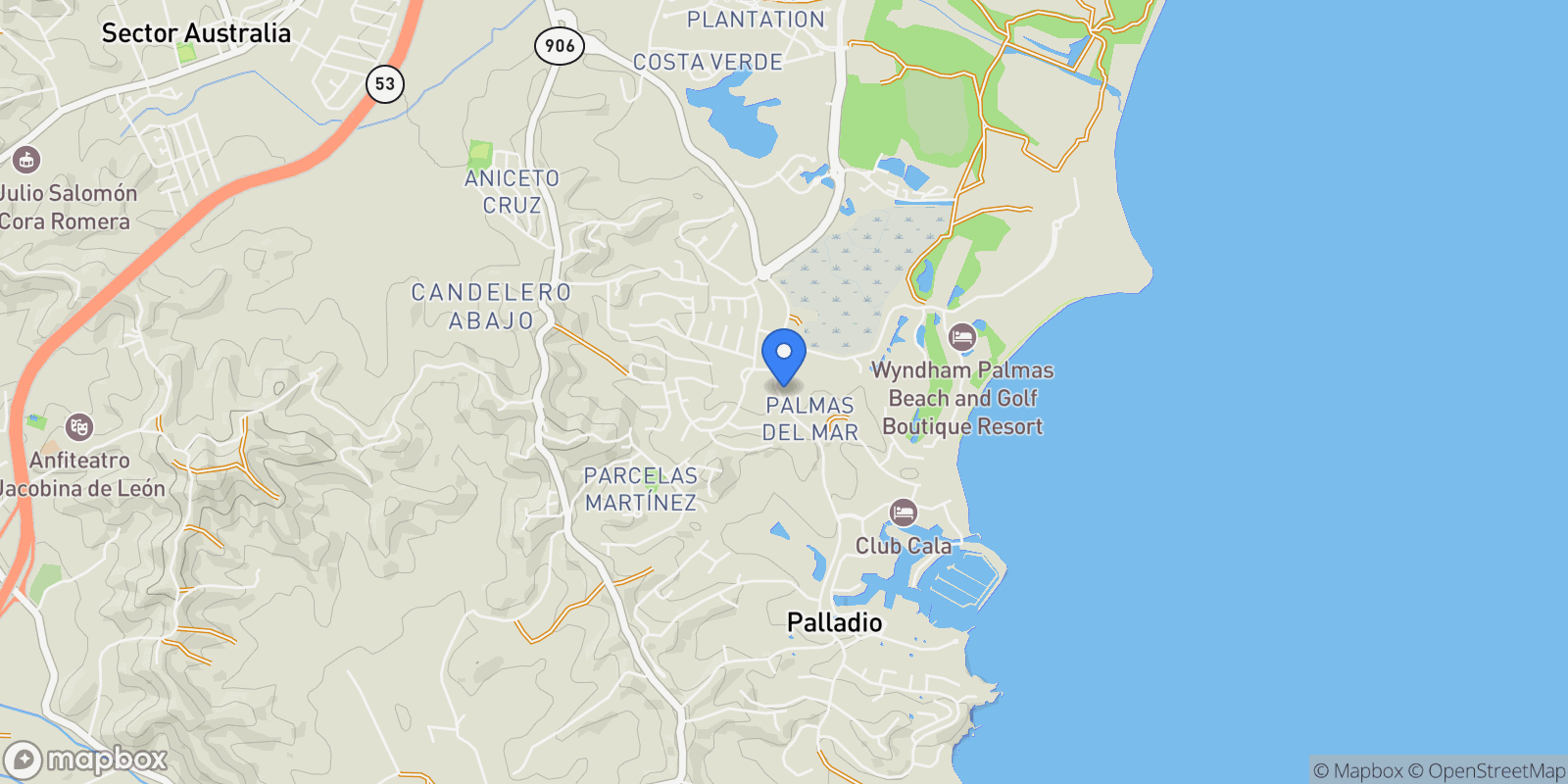 Map showing Humacao AQUABELLA 129 129, Palmas del Mar, Humacao, Puerto Rico.
