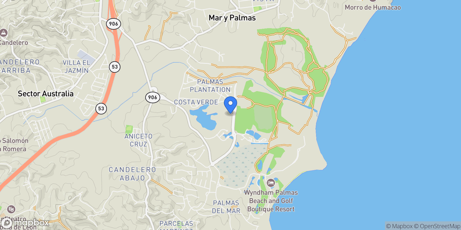Map showing Humacao FLAMBOYAN GREENS 34 34, Palmas del Mar, Humacao, Puerto Rico.