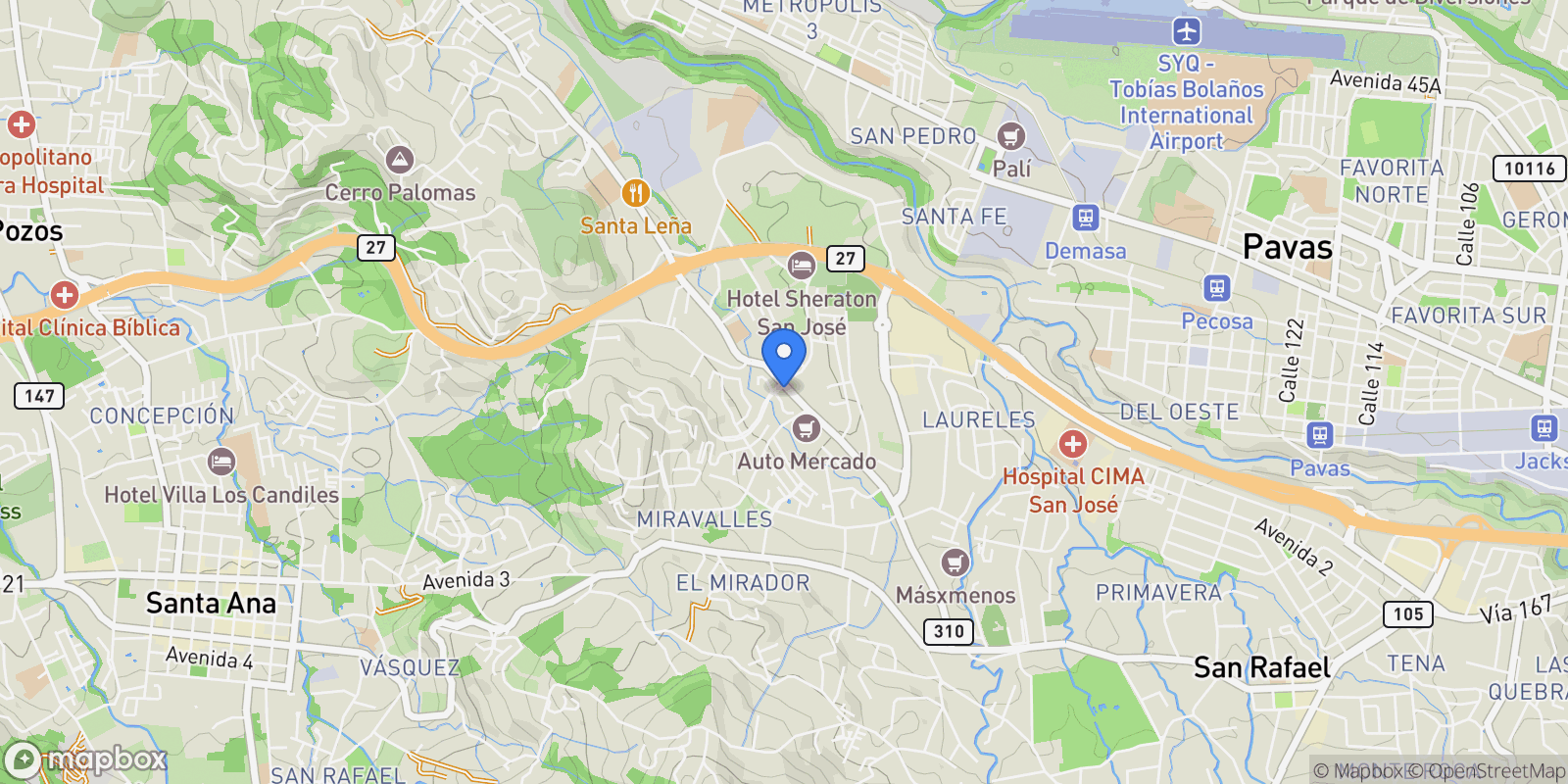 Map showing Del AM PM de Guachipelin de Escazu, 850 mts al oeste Escazú San José CR, San José, San Rafael, Guachipelin, 10203, Costa Rica, San Rafael, San José Province, Costa Rica.