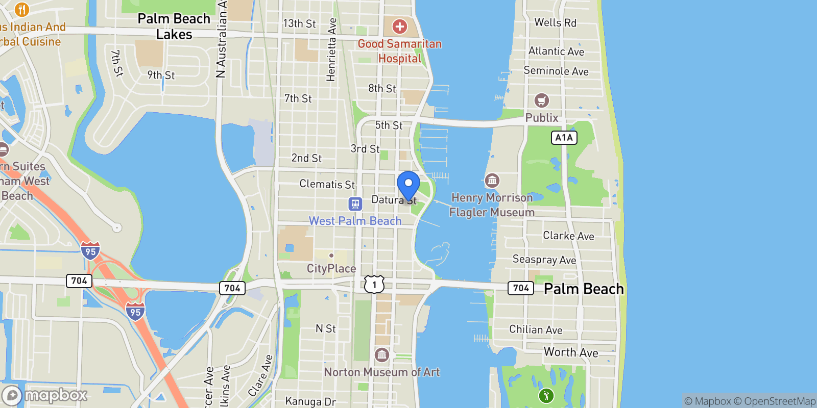 Map showing 201 S Narcissus Avenue 605, West Palm Beach, Florida, United States.