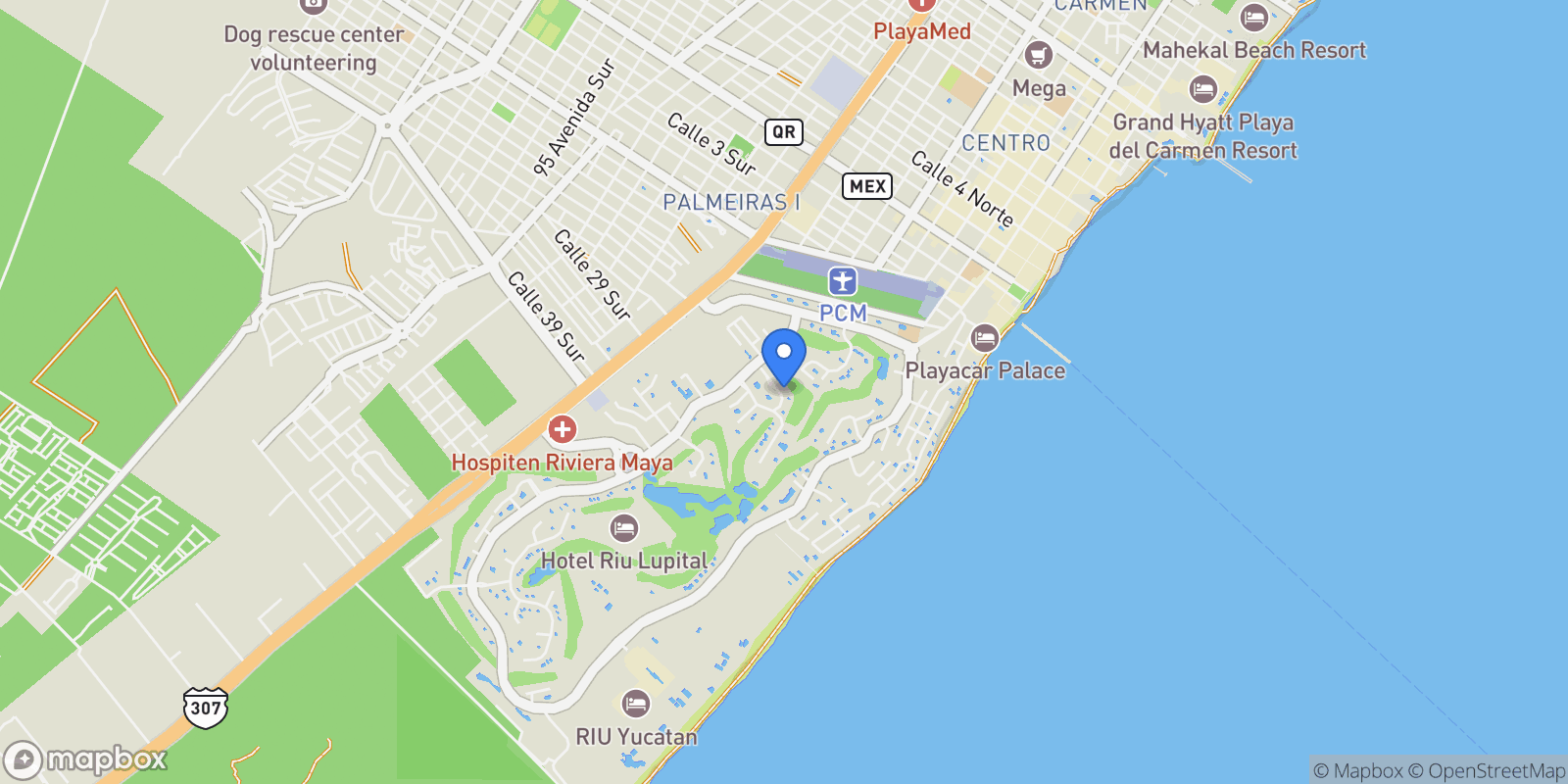 Map showing Playa del Carmen, Quintana Roo, Mexico.