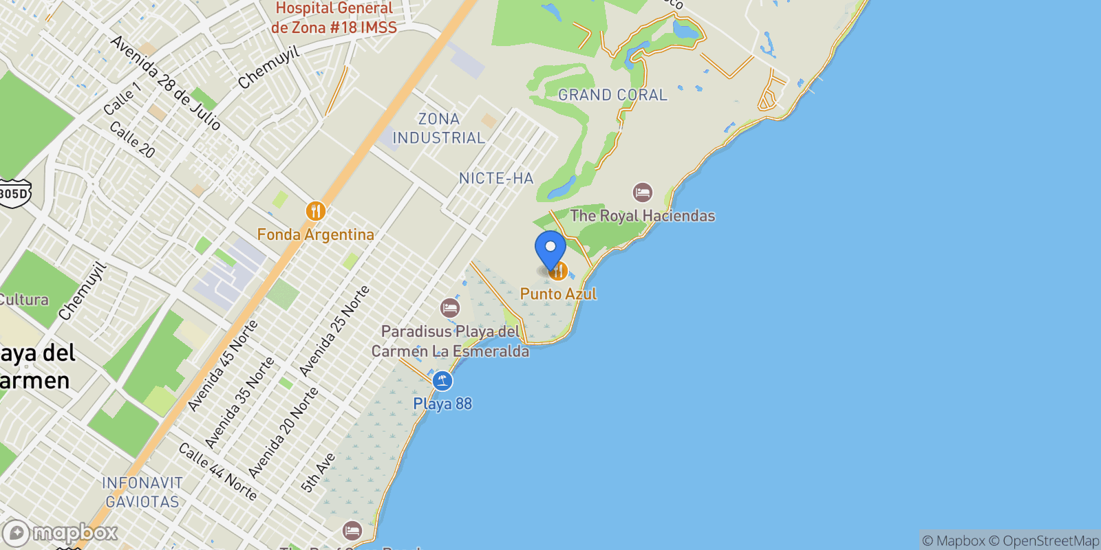 Map showing Playa del Carmen, Quintana Roo, Mexico.