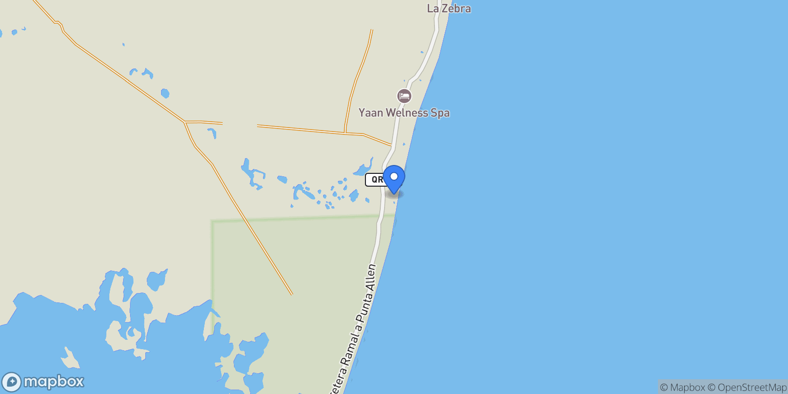 Map showing Carretera Tulum - Boca Paila, Tulum, Quintana Roo, Mexico.