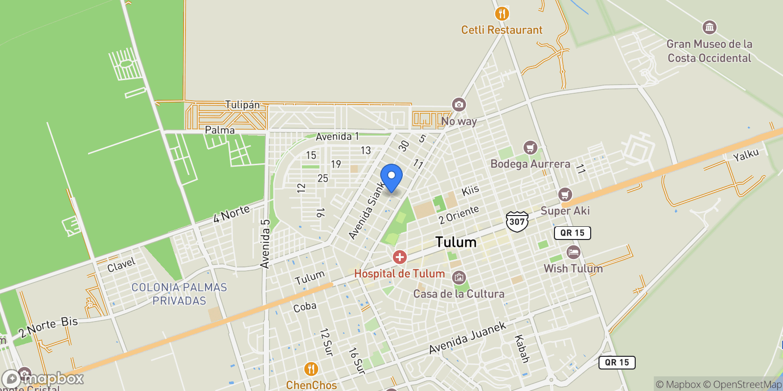 Map showing Camino Tulum-Boca Paila Lote Fracc. 1 Lote 12, Km 5.3, Sian Ka´an, ROO 77780, Tulum, Quintana Roo, Mexico.