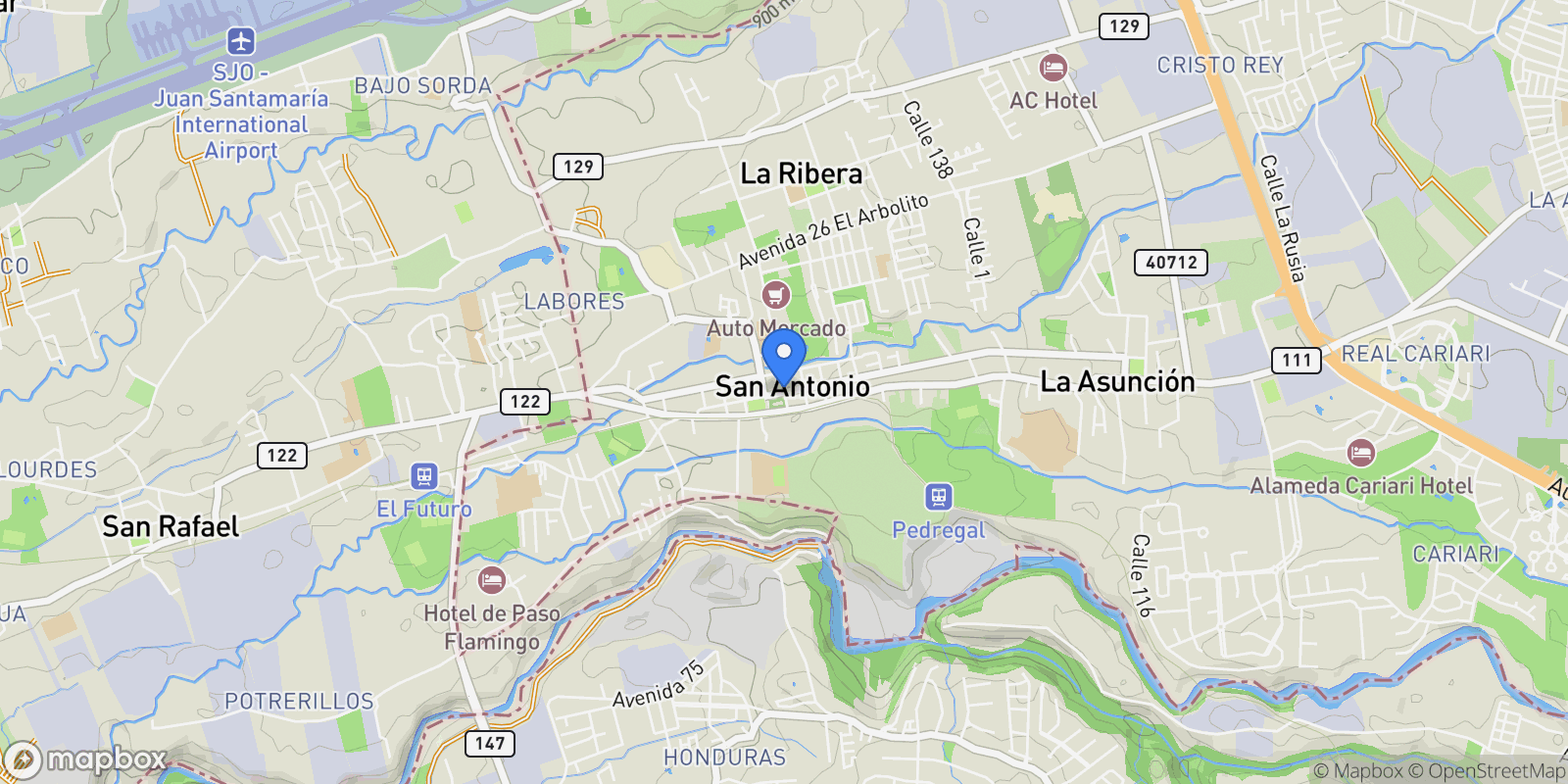 Map showing Heredia Province, San Antonio, Costa Rica, San Antonio District, Belén, Heredia Province, Costa Rica.