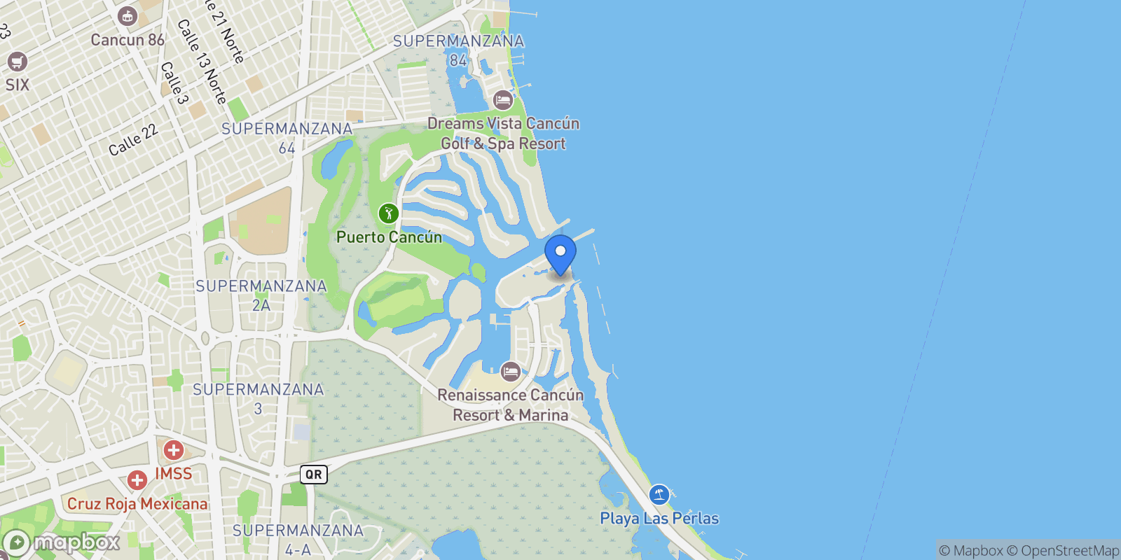 Map showing AV. BONAMPAK MZ. 27 LT. 1 PUERTO CANCUN, Cancún, ROO 77500, Cancún, Quintana Roo, Mexico.