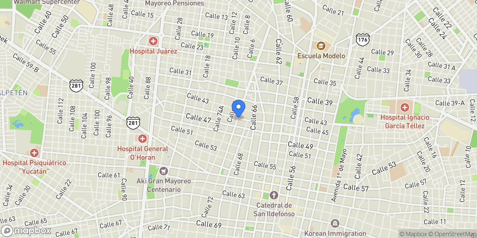 Map showing Calle 72 No. 32 - D, Manzana 98, Sección Catastral 4a, Mérida, YUC 97000, Mérida, Yucatan, Mexico.