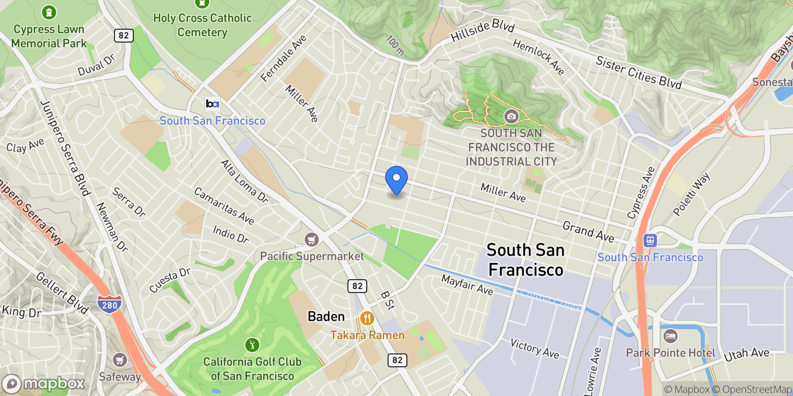 Map showing 821 Baden Avenue, South San Francisco, CA 94080, South San Francisco, California, United States.