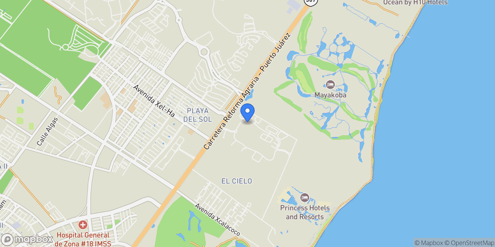 Map showing Circuito Vía Serena manzana 11, lote 21, PLAYA DEL CARMEN, ROO 77727, Playa del Carmen, Quintana Roo, Mexico.