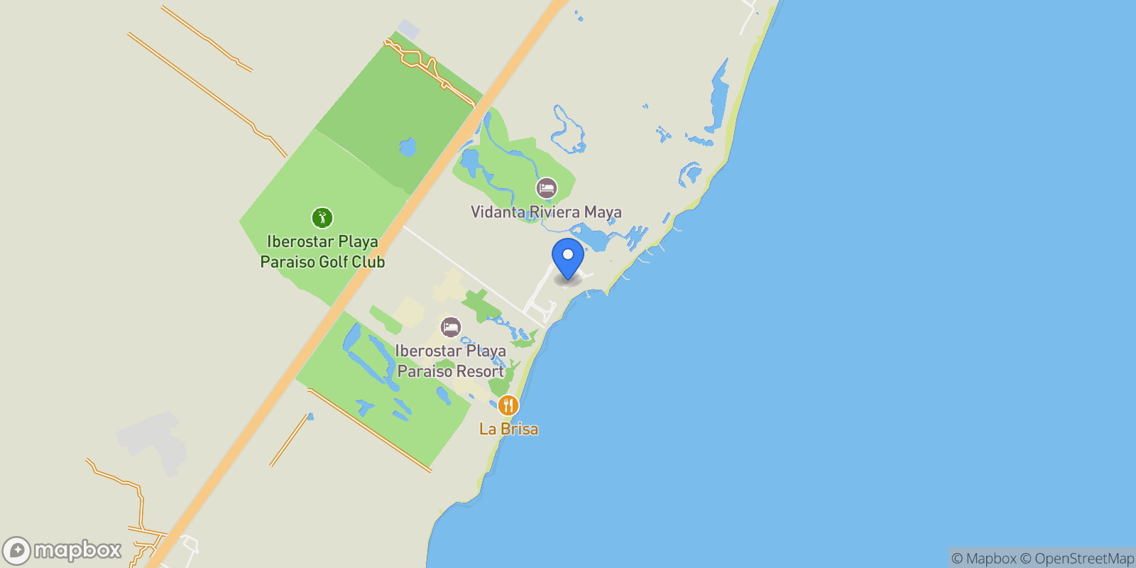 Map showing Fraccionamiento Playa Paraiso Lote 34, Playa del Carmen, ROO 77740, Cancún, Quintana Roo, Mexico.