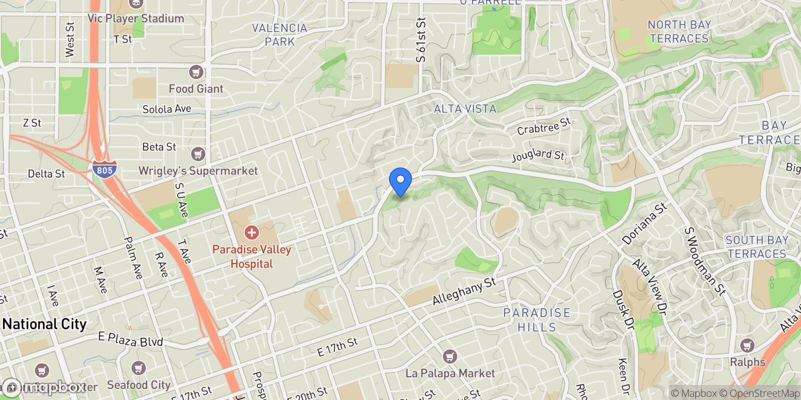 Map showing 3600 Paradise Valley Road, National City, CA 91950, National City, California, United States.