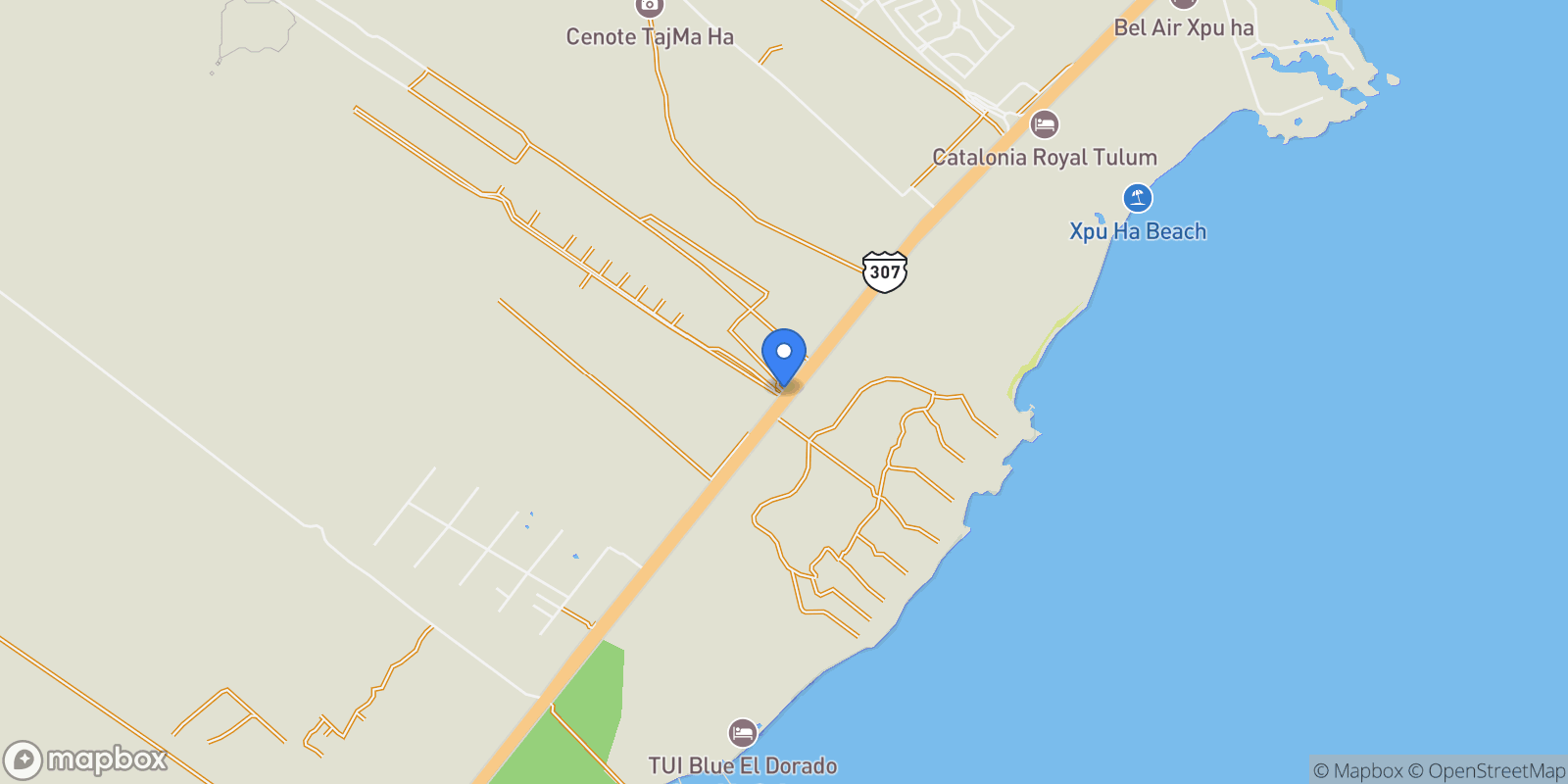 Map showing AMARES, Super Manzana 1 Manzana 003, Lote 001, Solidaridad, ROO 77734, Club Tulum Palace, Quintana Roo, Mexico.