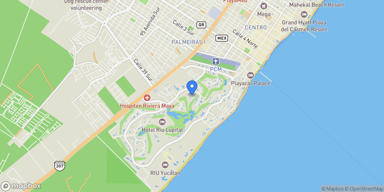 Map showing Lote 005 Retorno 1 Condominio Villas Pakal MZ 16 F2, Playacar, Playa del Carmen, ROO 77710, Playa del Carmen, Quintana Roo, Mexico.