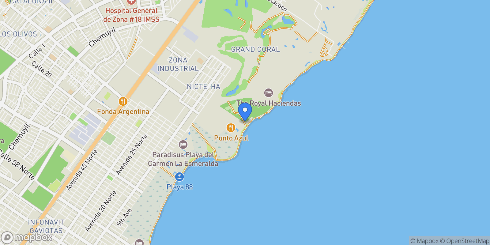 Map showing Corasol Costa Residences, Playa del Carmen, ROO 77710, Playa del Carmen, Quintana Roo, Mexico.