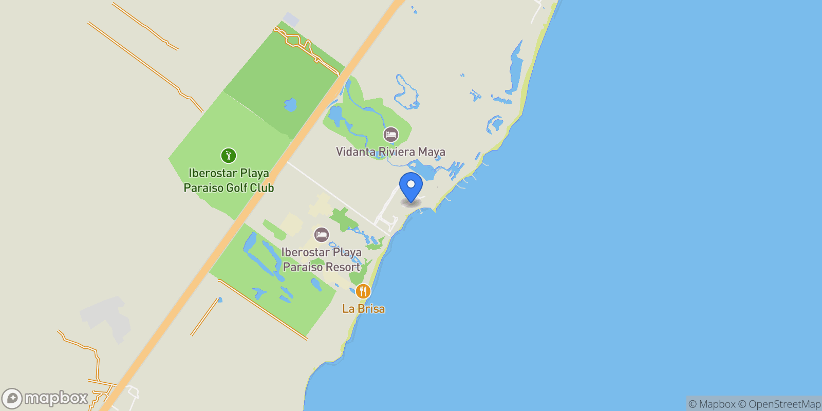 Map showing Fracc. Paraíso Lt 32 Carretera Federal, Playa Paraíso, Playa del Carmen, ROO 77728, Cancún, Quintana Roo, Mexico.