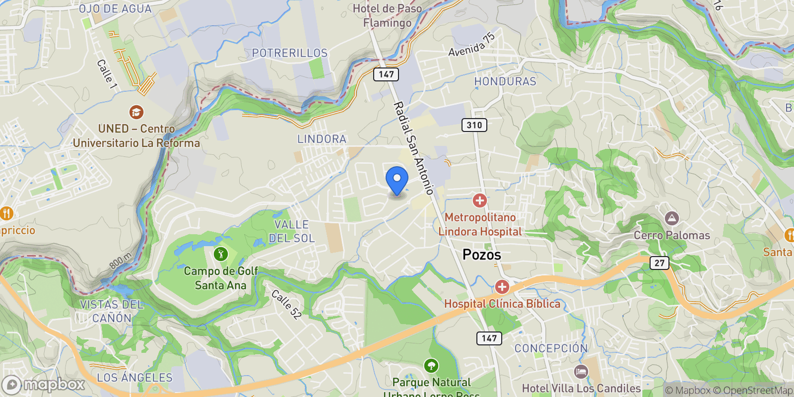 Map showing San José, Pozos, Bosques de Lindora, Costa Rica, Pozos, San José Province, Costa Rica.