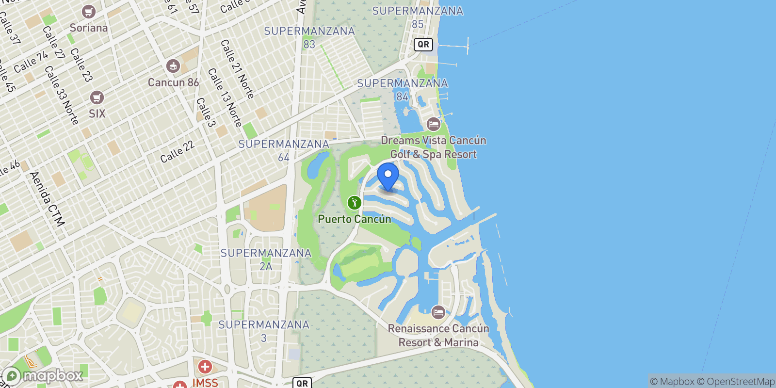 Map showing Puerto Cancún  Z.H. MZ 27 LT 1-02 UC69 053, Cancún, ROO 77500, Cancún, Quintana Roo, Mexico.