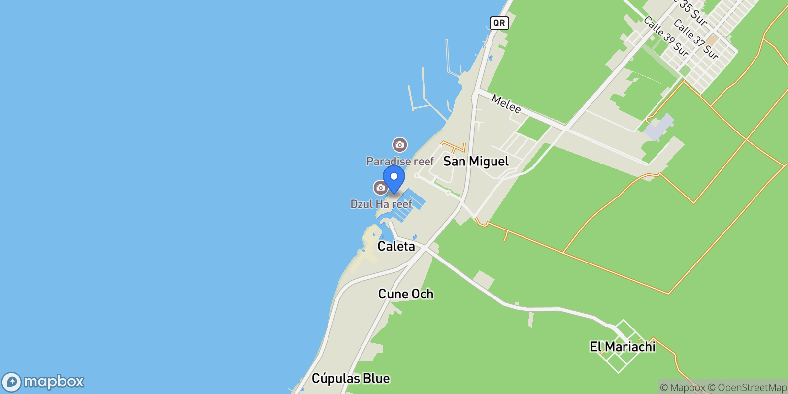 Map showing Fracción 11,  mza 9, Lote 4 Quintana Roo carretera costera sur km 3+550 Zona Sur, Marina Fonatur, Cozumel, ROO, San Miguel de Cozumel, Quintana Roo, Mexico.