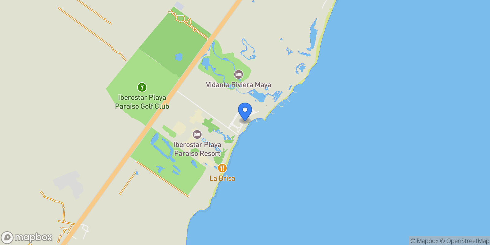 Map showing Okol Paraíso No.  9-B , Lt 066, Mza 001, de la avenida Playa Paraíso, Playa del Carmen, ROO 77728, Playa Paraiso, Quintana Roo, Mexico.