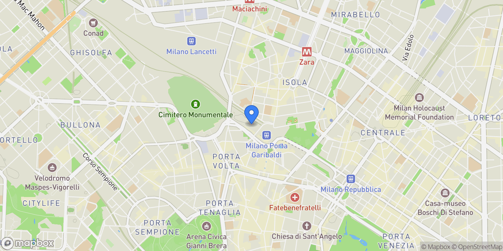 Map showing Via Pietro Borsieri, Milano, Milan, Lombardy, Italy.