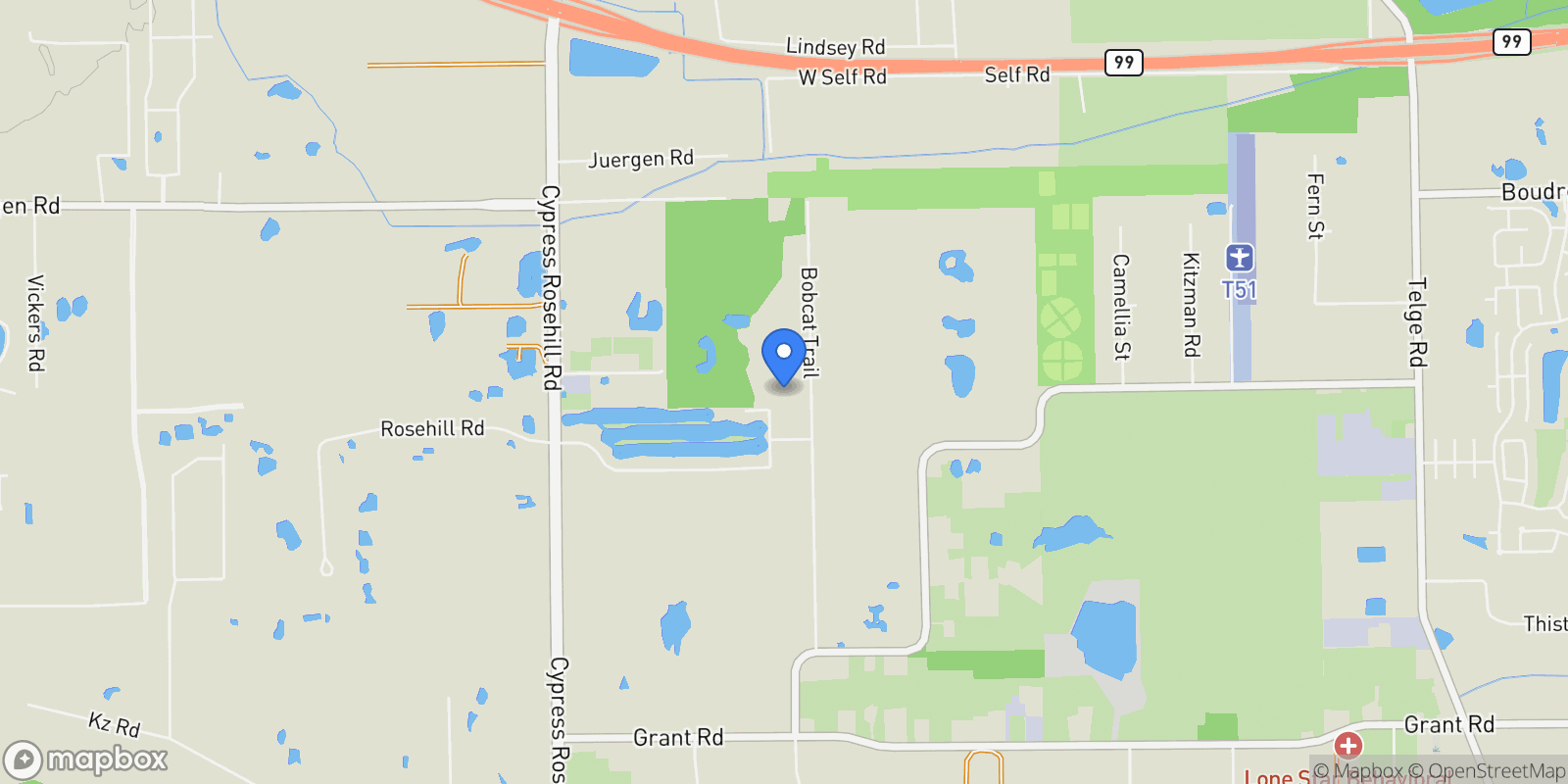 Map showing 17002 Bobcat Trail, Houston, Texas, United States.