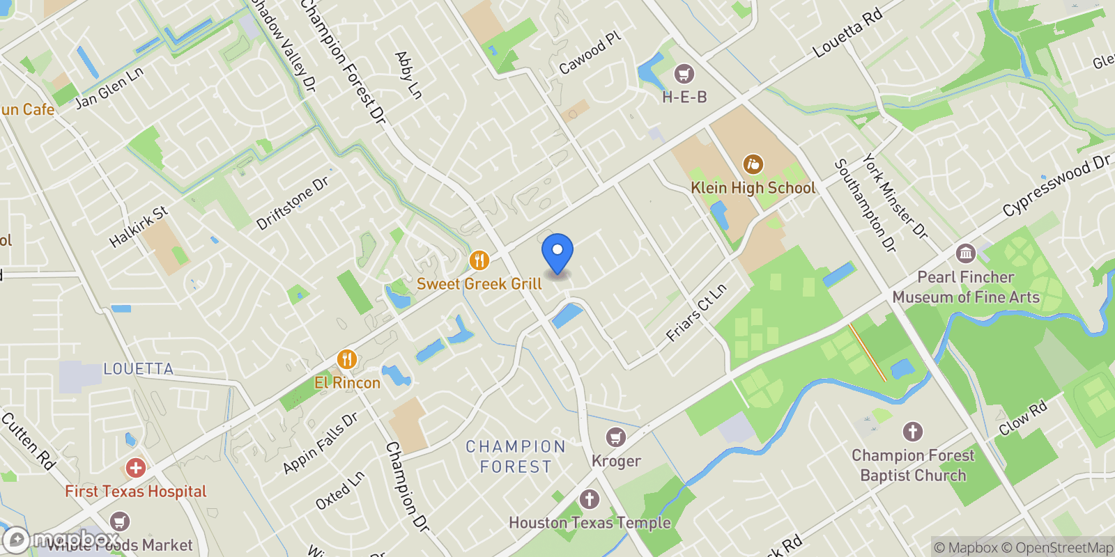 Map showing 16610 Champagne Falls Court, Spring, Texas, United States.