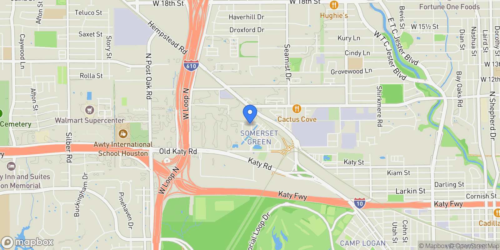 Map showing 947 Blackshire Lane, Houston, Texas, United States.