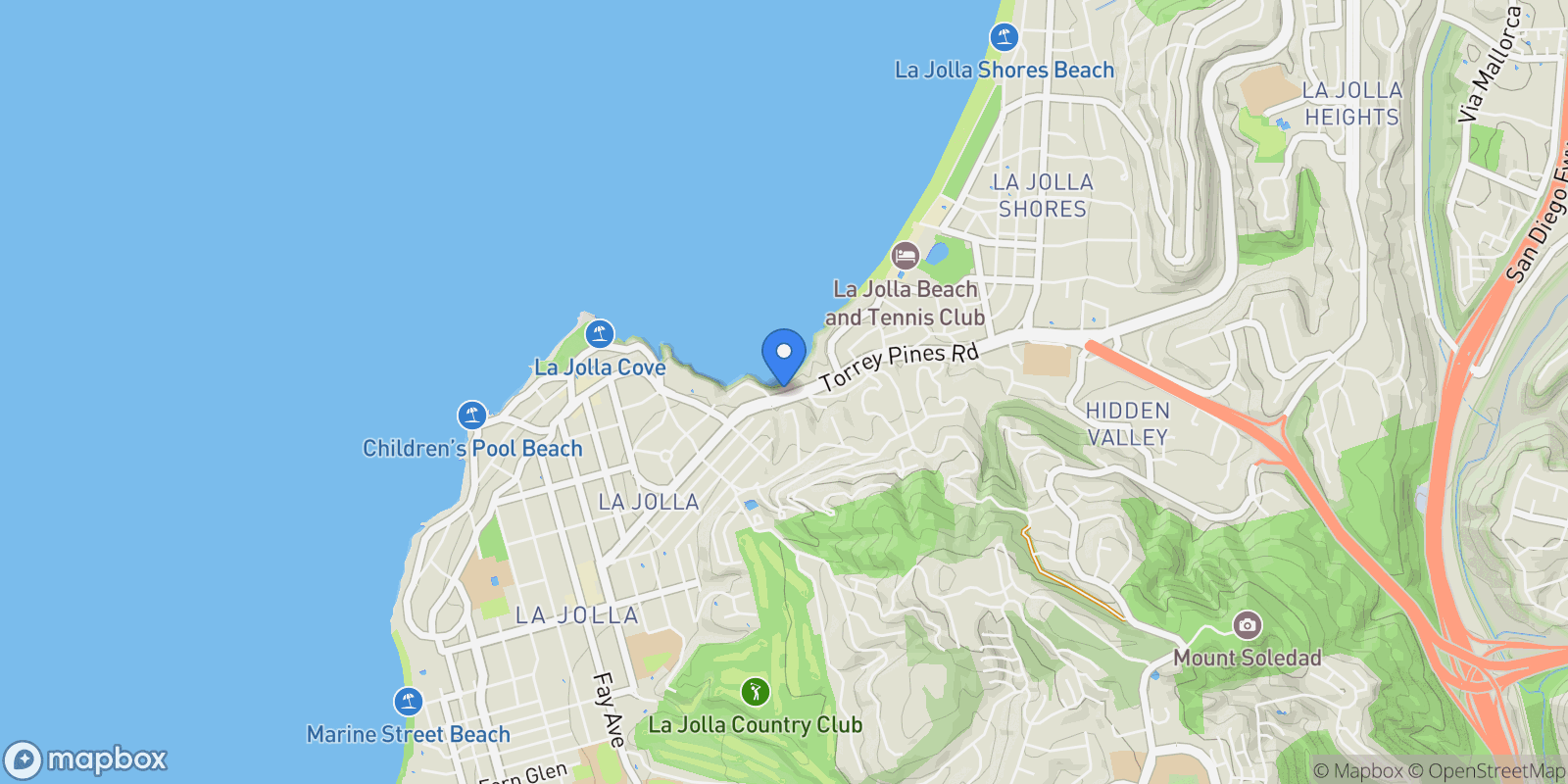 Map showing 1624 Torrey Pines Rd, San Diego, California, United States.