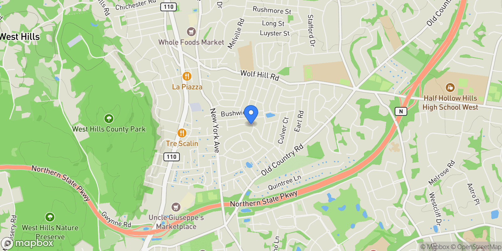 Map showing 5 Frostfield Place, Melville, NY 11747, Melville, New York, United States.