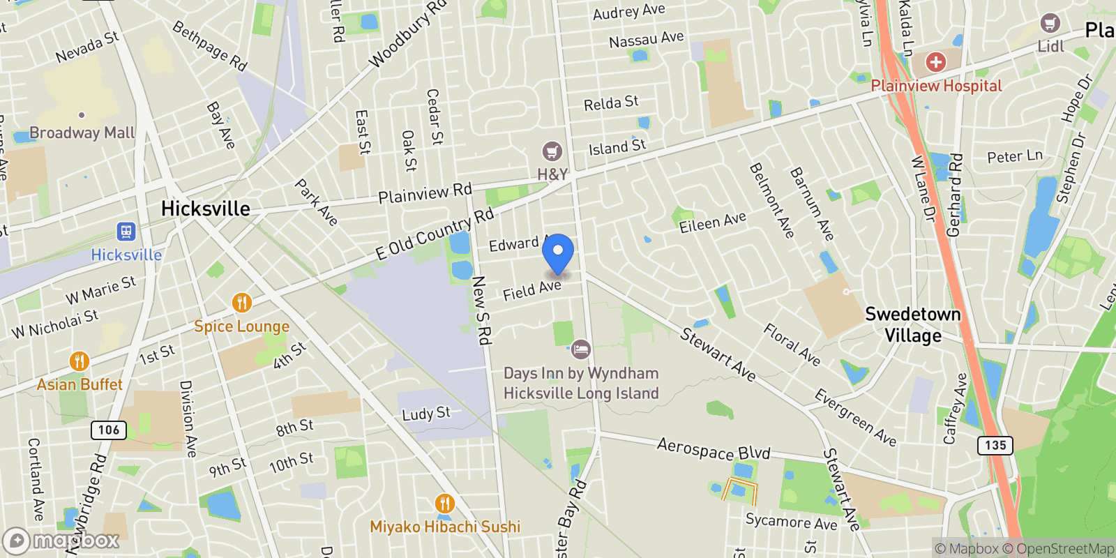 Map showing 10 Field Avenue, Hicksville, NY 11801, Hicksville, New York, United States.