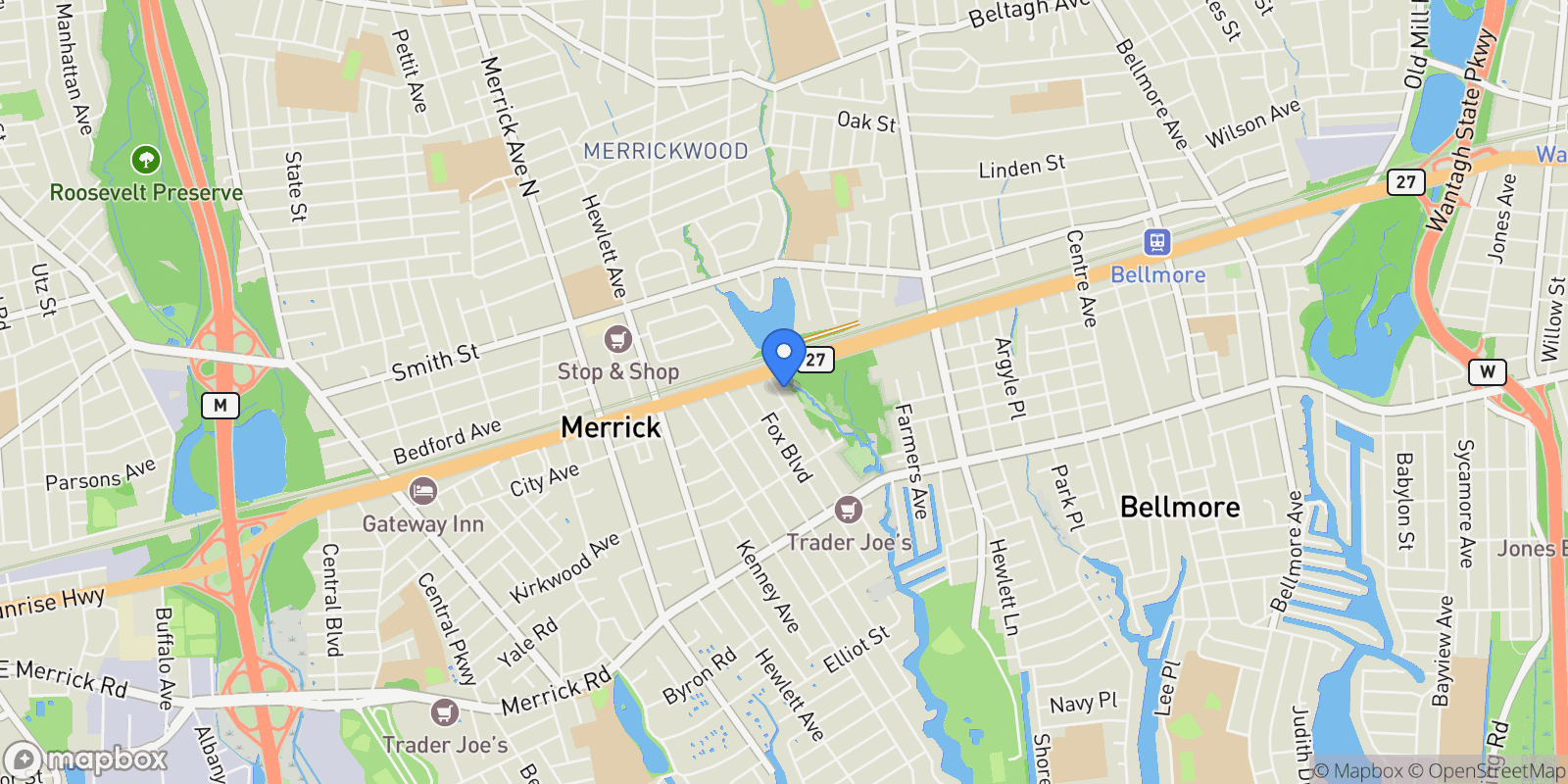 Map showing 45 Henry Street, Merrick, NY 11566, Merrick, New York, United States.