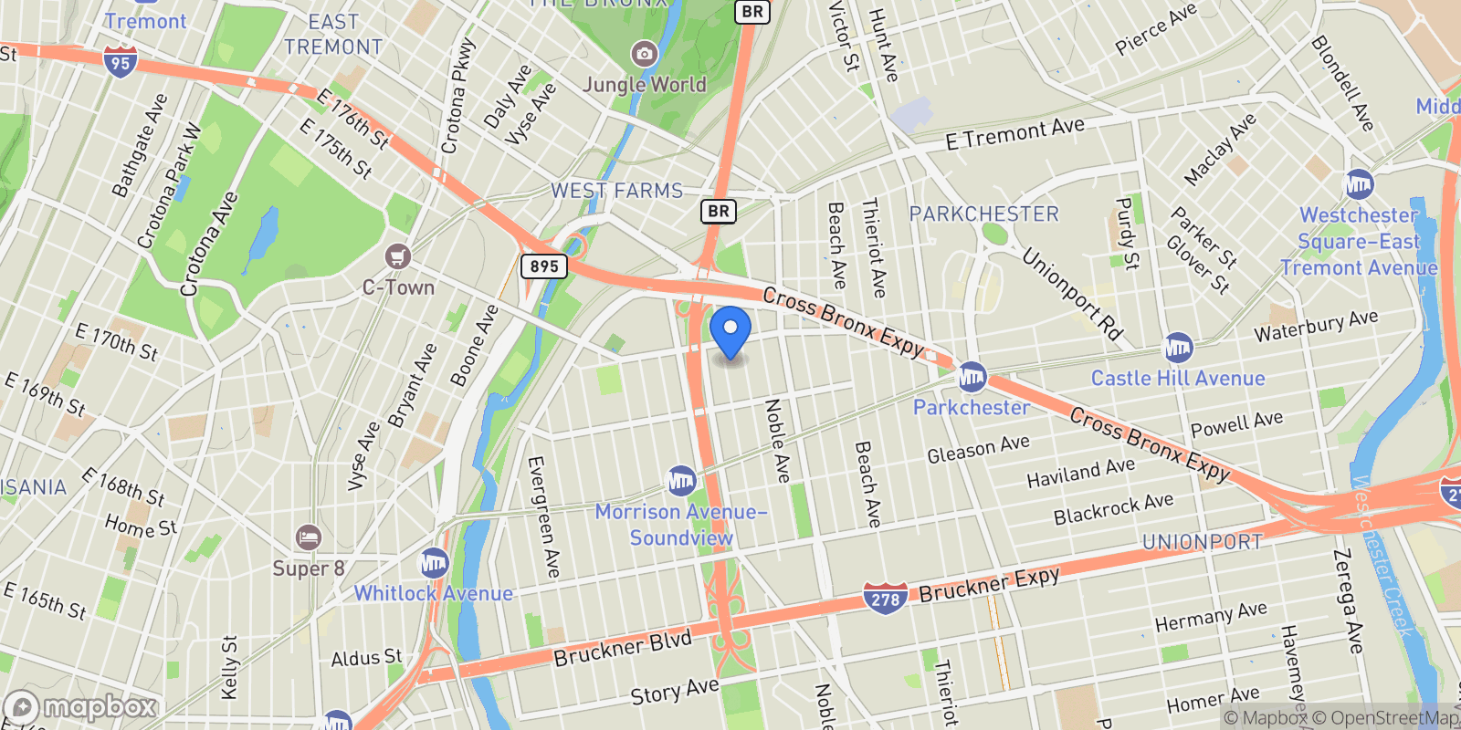 Map showing 1346 Fteley Avenue, Bronx, NY 10472, New York, New York, United States.