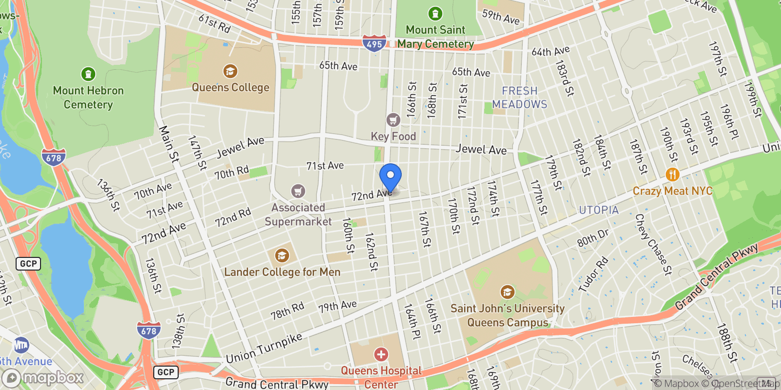 Map showing 72-05 164th Street, Fresh Meadows, NY 11365, New York, New York, United States.