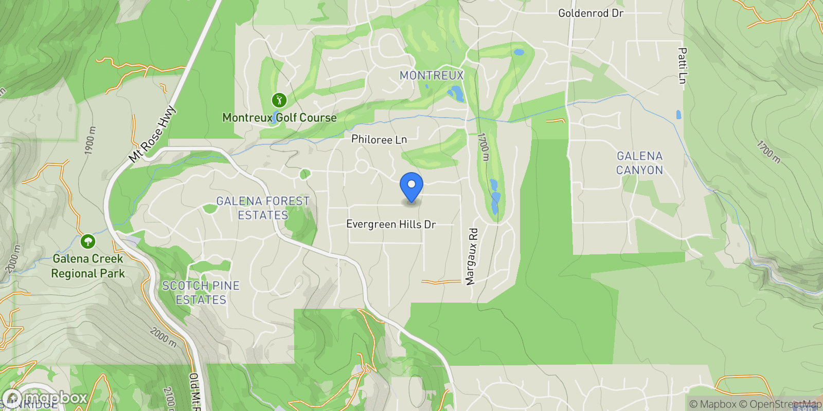 Map showing 16555 Evergreen Hills Drive, Reno, NV 89511, Reno, Nevada, United States.