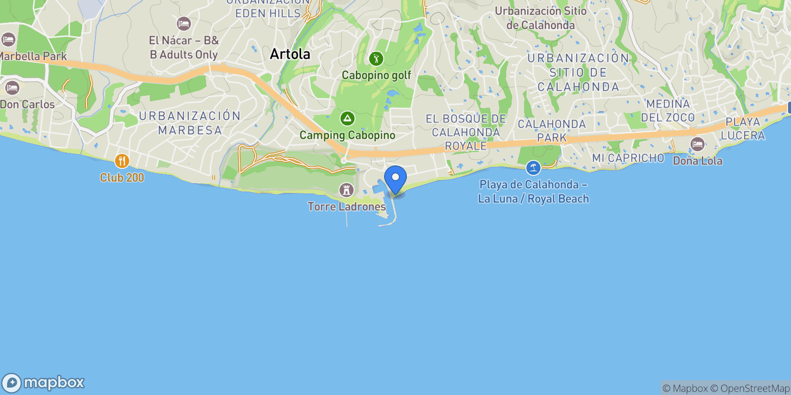 Map showing Cabopino, Marbella, Málaga, Marbella, Puerto De Cabopino, Elviria-Cabopino, Marbella.