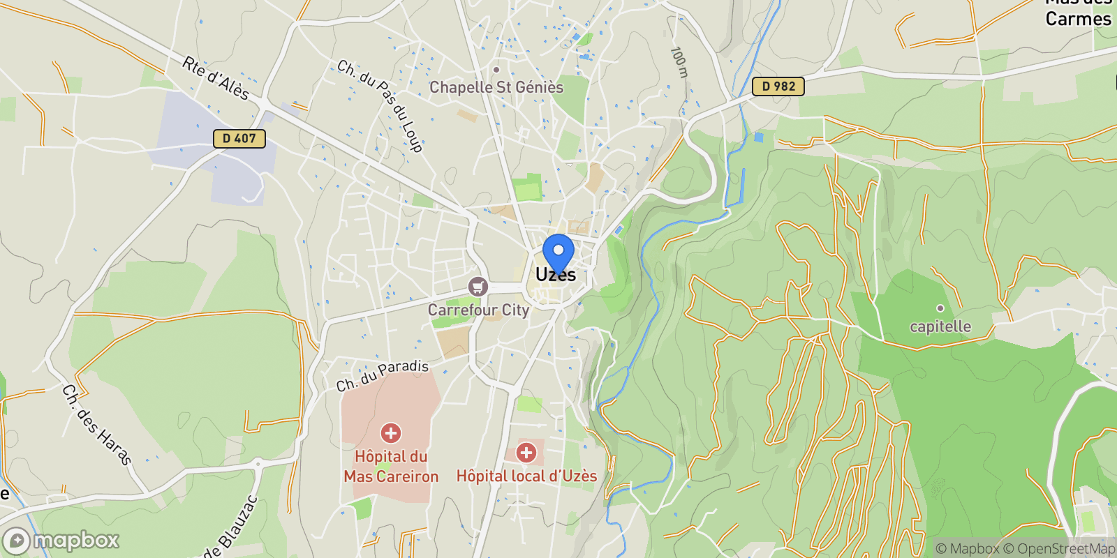 Map showing Uzès, Occitanie, France.