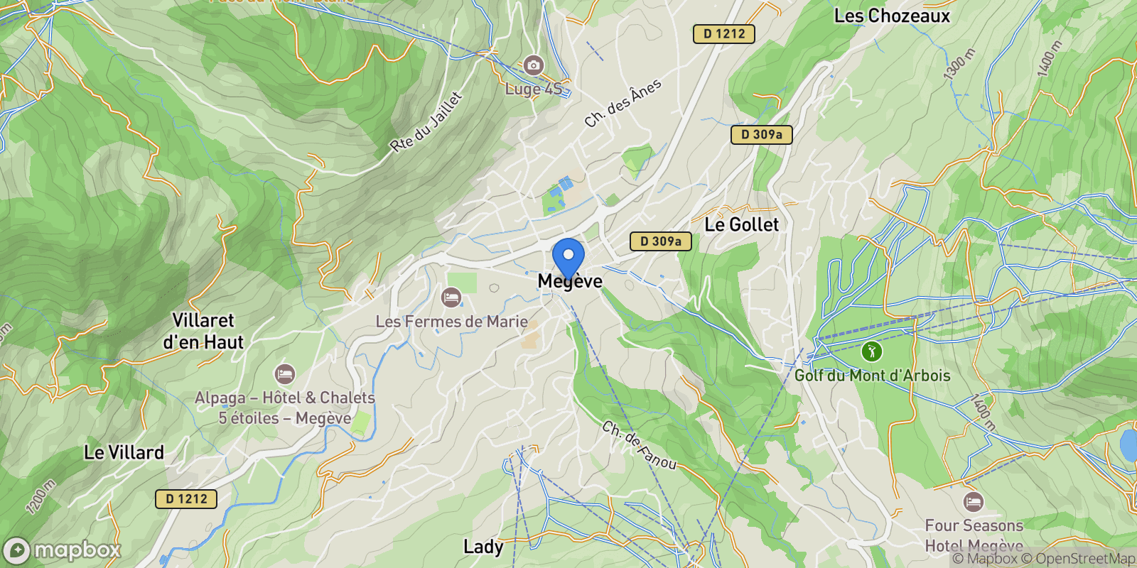 Map showing Megève, Auvergne-Rhône-Alpes, France.